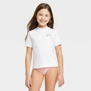 Girls' Short Sleeve Rainbow Rash Guard Top Cat & Jack White Medium
